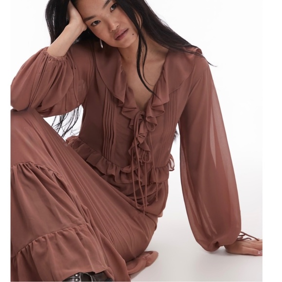 Topshop Long Sleeve Ruffle Layered Maxi Dress Pintuck Detail Spice Womens US 2 - Picture 4 of 7